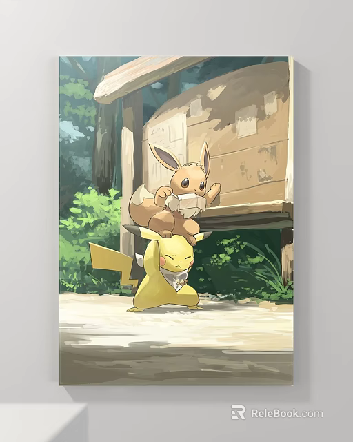 Vibrant Abstract Painting Of Eevee Riding Pikachu By Wooden House With Green Plants 3d model 