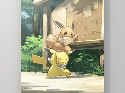 Vibrant Abstract Painting Of Eevee Riding Pikachu By Wooden House With Green Plants 3d model