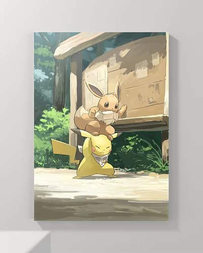 Vibrant Abstract Painting Of Eevee Riding Pikachu By Wooden House With Green Plants 3d model