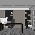 Open Modern Office Interior Featuring Large Windows Desk Computer Bookshelves Sofa Plants And Geometric Carpet