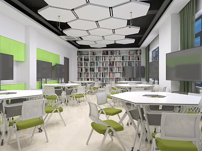 School Modern Learning Space With Green Chairs White Tables Bookshelves Hexagonal Lights And Screens 3d model