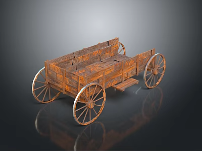 Vintage Wooden Wagon With Spoked Wheels And Carriage Body On Reflective Black Surface 3d model