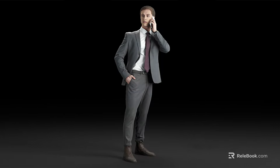 A Man in a Gray Suit Talking on the Phone Against a Black Background 3d model 