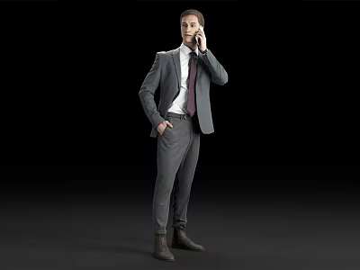 A Man in a Gray Suit Talking on the Phone Against a Black Background 3d model