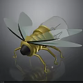 Yellow Bee 3D Model With Transparent Wings And Reflection On Dark Surface