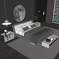 Modern Bedroom Interior With Double Bed Moon Wall Art Table Lamp Nightstands and Window Blinds