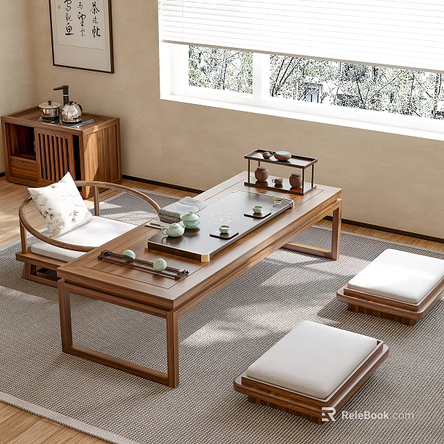 Chinese Traditional Wooden Tea Table Design With Tea Sets And Cushioned Stools In Living Room 3d model 