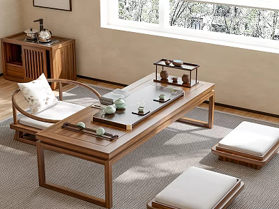 Chinese Traditional Wooden Tea Table Design With Tea Sets And Cushioned Stools In Living Room 3d model