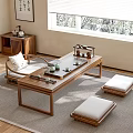 Chinese Traditional Wooden Tea Table Design With Tea Sets And Cushioned Stools In Living Room