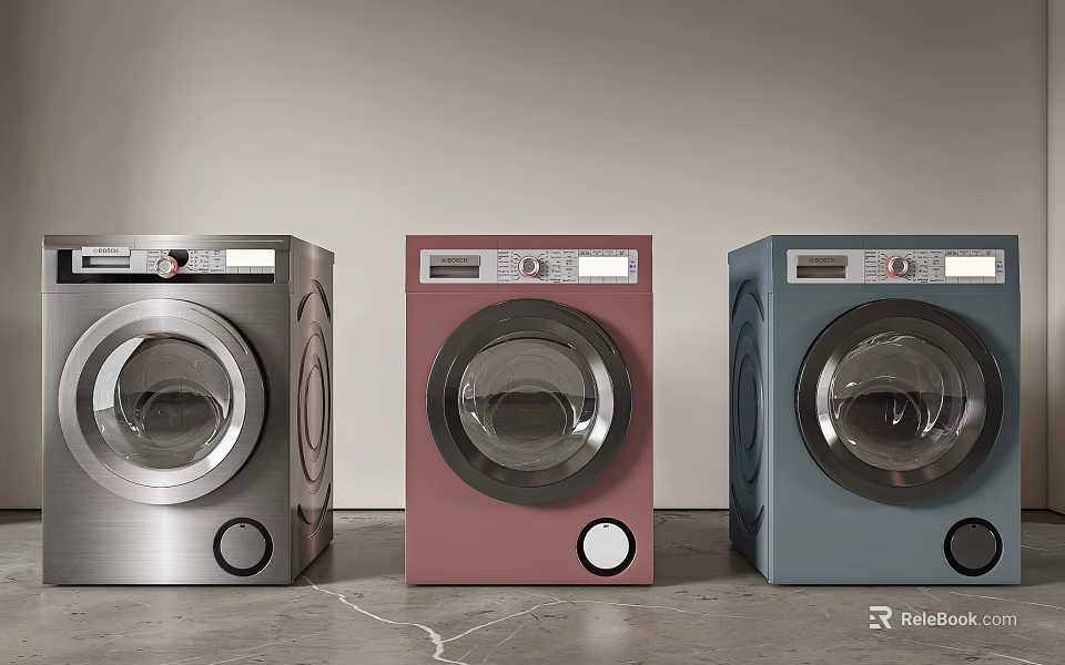 Modern Front Load Washing Machines in Silver Pink and Blue with Sleek Design 3d model 