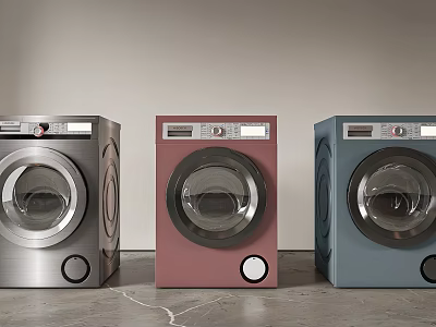 Modern Front Load Washing Machines in Silver Pink and Blue with Sleek Design 3d model