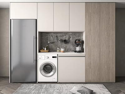 Modern Kitchen Sideboard With White Cabinets Washing Machine Refrigerator And Hanging Utensils Coffee Maker 3d model