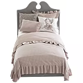 Cozy Single Beds with Pink Grey Headboards Dotted Quilt Striped Blanket and Ruffled Bedding
