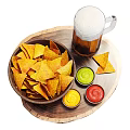 Crispy Tortilla Chips With Assorted Dipping Sauces And Cold Beer On Wooden Tray