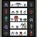 Various Action Figure Dolls Displayed On Glass Shelves With Different Styles And Colors