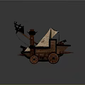 Ancient Military War Vehicle Featuring Wooden Catapult Mechanism Red Wheels And Canvas Canopy