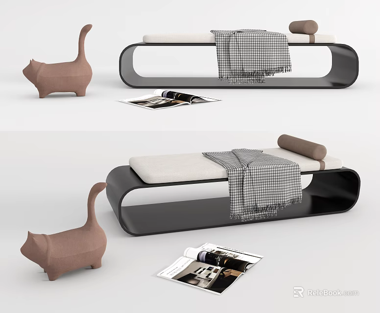 Modern Ottoman With Cat Shaped Decor Checkered Blanket And Magazines 3d model