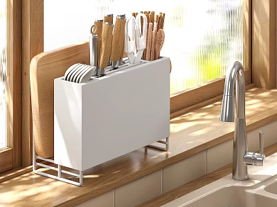 Kitchenware Organizer with Knife Block Knives and Plates on Wooden Countertop by Window 3d model