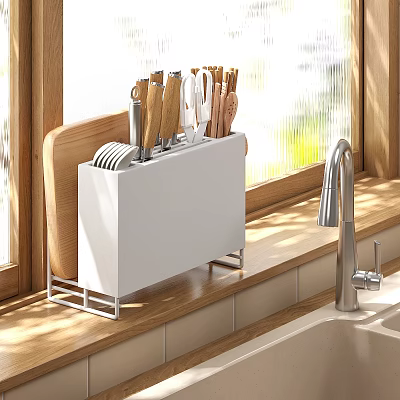 Kitchenware Organizer with Knife Block Knives and Plates on Wooden Countertop by Window 3d model