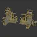 Traditional Architectural Model With Symmetric Pagoda Towers Overhanging Eaves And Bridge Structures