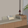 Modern Living Room Interior With Beige Bench Cushions Side Table Lamp And Potted Plant