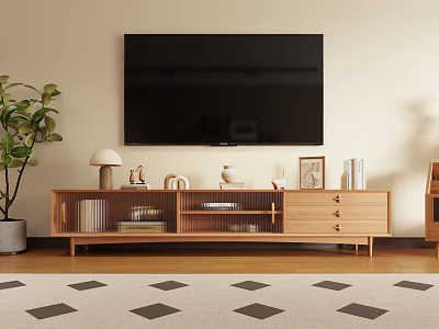 Modern Wooden TV Stand With Flat Screen TV Decorative Items Photo Frame And Drawers 3d model