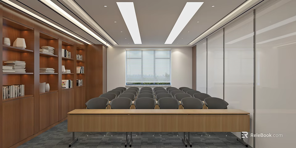 Modern Conference Room With Wooden Table Grey Chairs Bookshelf And Window Blinds 3d model 