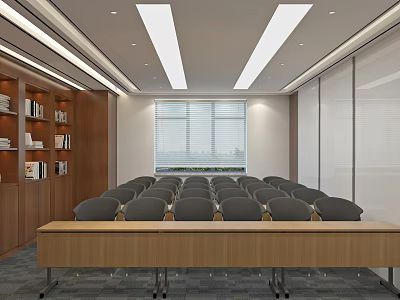 Modern Conference Room With Wooden Table Grey Chairs Bookshelf And Window Blinds 3d model