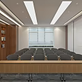 Modern Conference Room With Wooden Table Grey Chairs Bookshelf And Window Blinds
