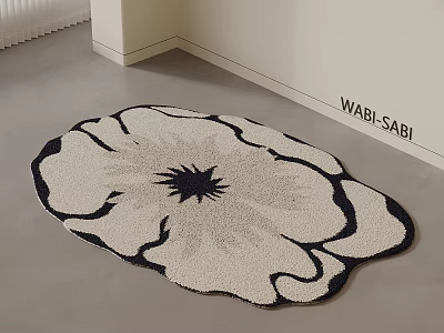 Wabi Sabi Style Flower Shaped Rug with White Petals and Black Center Design 3d model