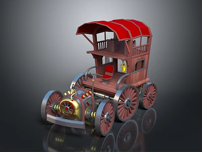 Vintage Carriage With Red Canopy Wooden Frame Spoked Wheels And Mechanical Front Parts 3d model