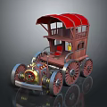 Vintage Carriage With Red Canopy Wooden Frame Spoked Wheels And Mechanical Front Parts