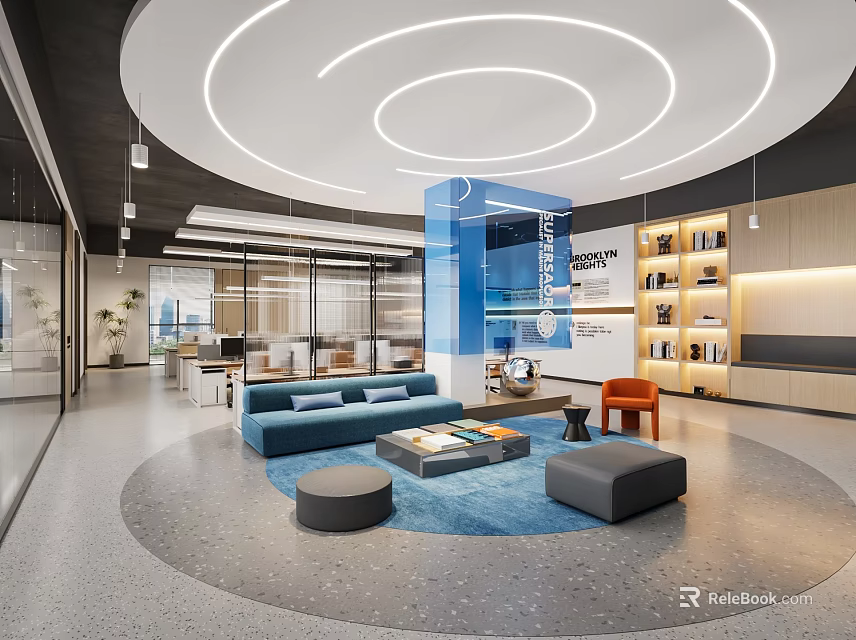 Modern Public Office Lounge With Circular Ceiling Lights Blue Sofa And Bookshelves 3d model 