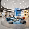 Modern Public Office Lounge With Circular Ceiling Lights Blue Sofa And Bookshelves