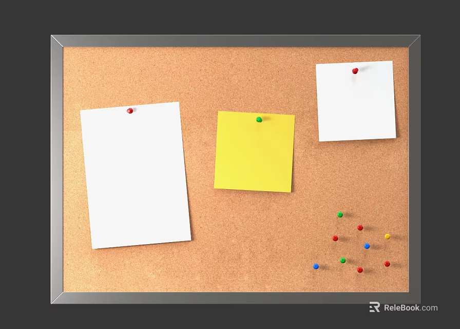 Corkboard With White Yellow Notes And Scattered Colorful Push Pins On Frame 3d model 