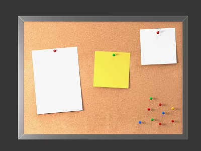 Corkboard With White Yellow Notes And Scattered Colorful Push Pins On Frame 3d model