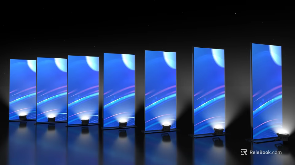 Event Passage With Multiple Vertical Screens And Blue Purple Wave Background 3d model 