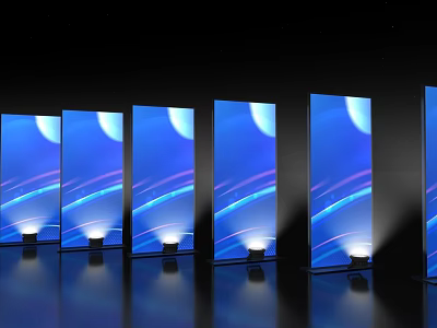 Event Passage With Multiple Vertical Screens And Blue Purple Wave Background 3d model