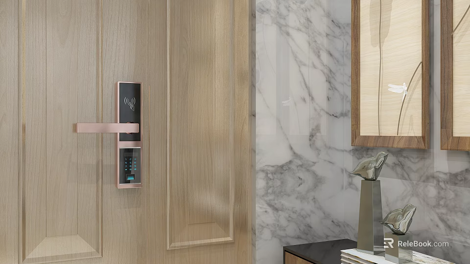 Smart Rose Gold Door Handle on Wooden Door with Marble Wall Background 3d model 