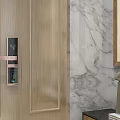 Smart Rose Gold Door Handle on Wooden Door with Marble Wall Background