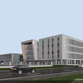 Modern Industrial Factory Building Exterior With Multi storey Glass Curtain Wall Road And Vehicles