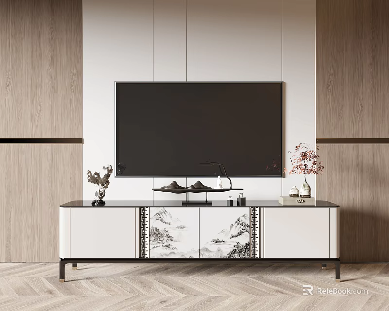 Modern TV Stand With Black And White Mountain Water Pattern And Decor Items 3d model