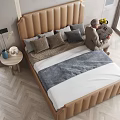 Brown Upholstered Double Bed With Striped Headboard And Decorative Pillows Near Windows