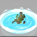 Icy Blue Circular Water Area With Small Island Tower Palm Trees And Rocks