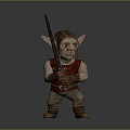 Goblin Character With Pointed Ears Brown Helmet And Red Vest Holding Sword