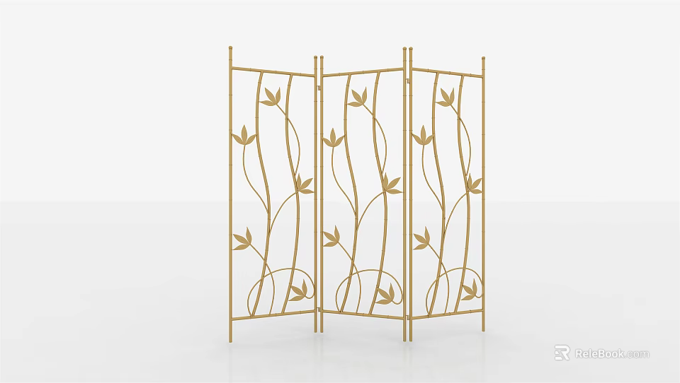 Gold Three Panel Room Divider With Vine And Leaf Decorative Design 3d model