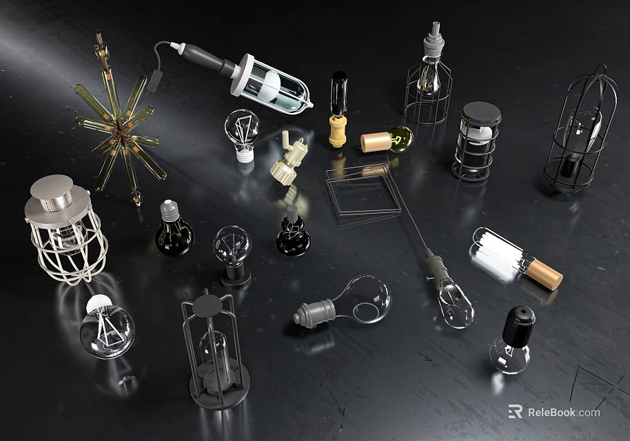 Different Types of Laboratory Glassware and Scientific Tools on Black Surface 3d model 