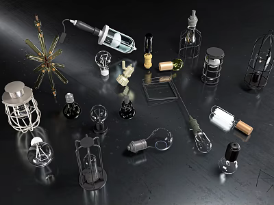 Different Types of Laboratory Glassware and Scientific Tools on Black Surface 3d model