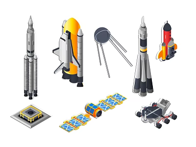 Different Types Of Space Exploration Vehicles Including Rockets Satellites And Rovers 3d model