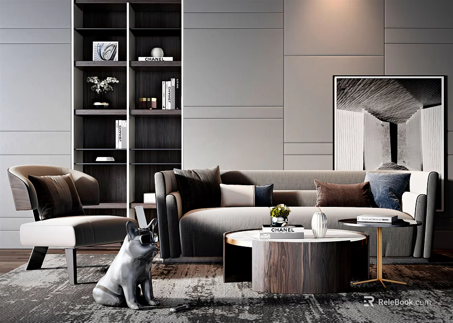 Modern Living Room Sofa And Coffee Table Set With Armchair Bookshelf And Decorative Rug 3d model 